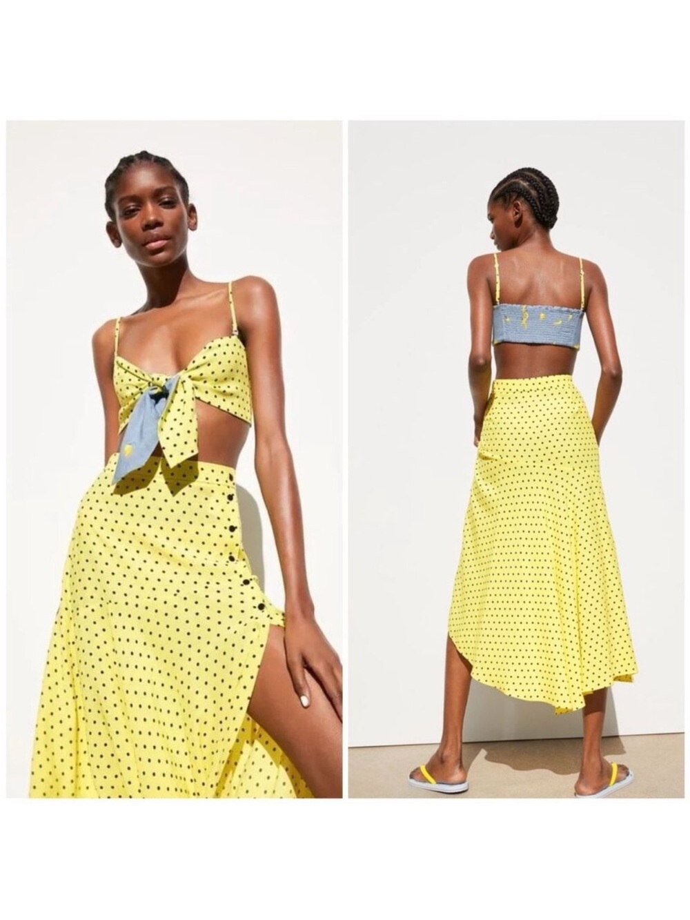 Zara Yellow Polka Dot High-Low Skirt and Top